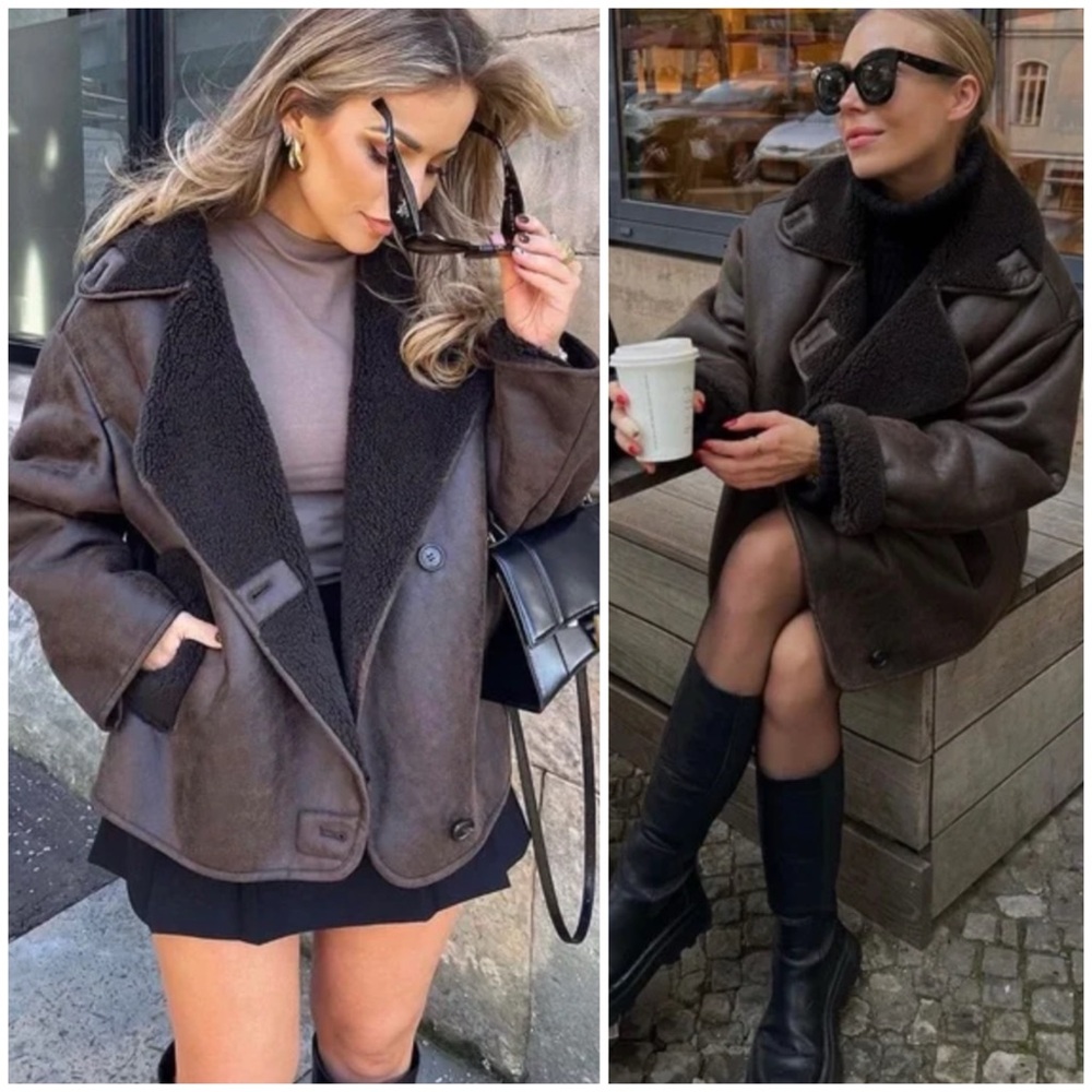 Zara Brown Faux Shearling Aviator Jacket